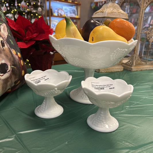 #M514 1950s Indiana Glass Milk Glass Compote, Candle Holders, & Fruit