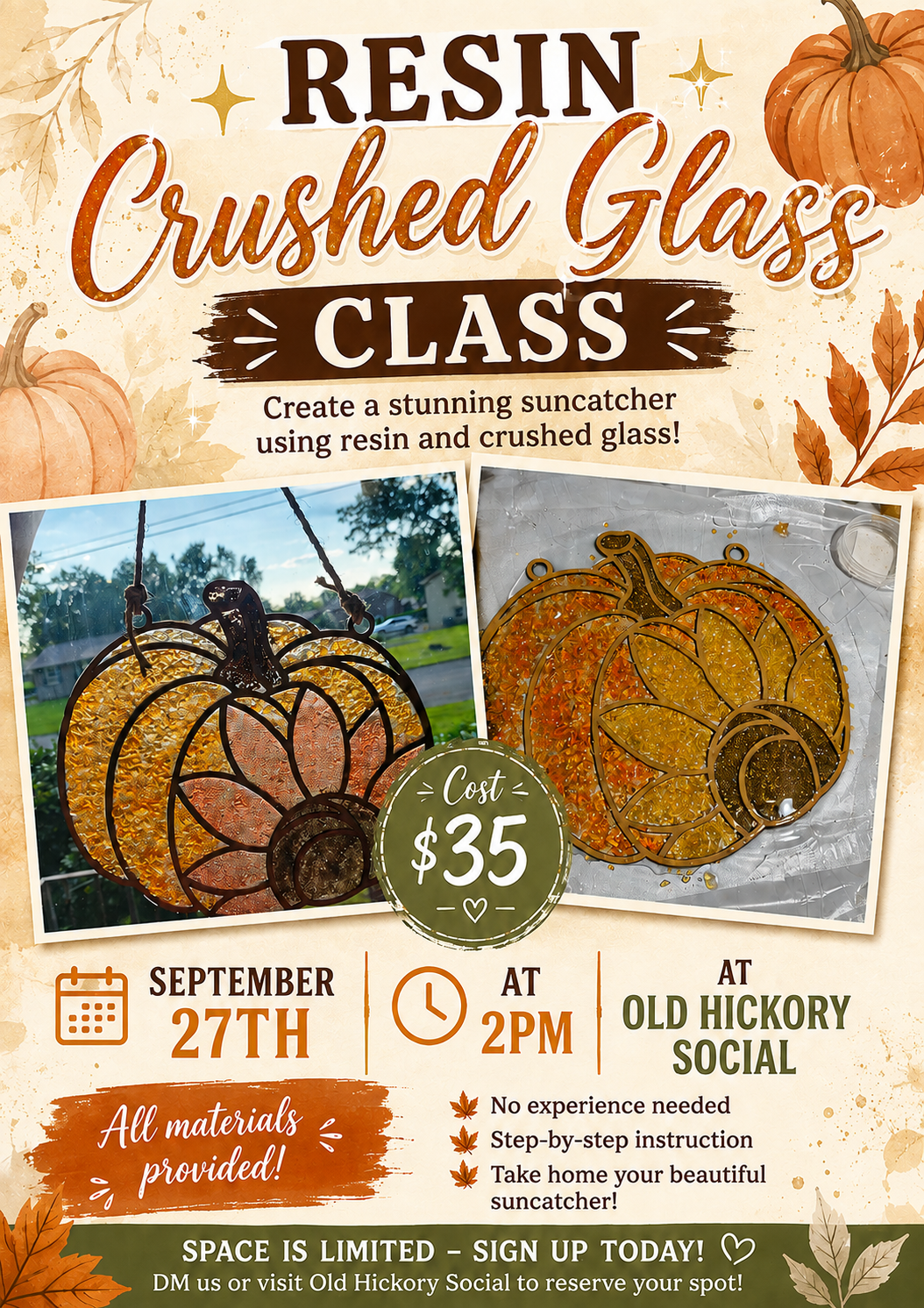 Resin crushed glass sunflower pumpkin. September 27th @2pm